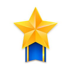 Yellow metal star with blue ribbon and gold stripes. Golden star with ribbon, awards isolated on white background, 3D illustration.