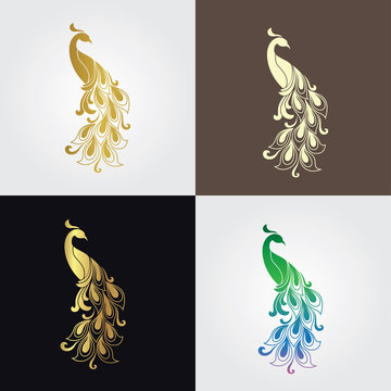 Premium Vector | Golden peacock feather logo with luxury line art design  style