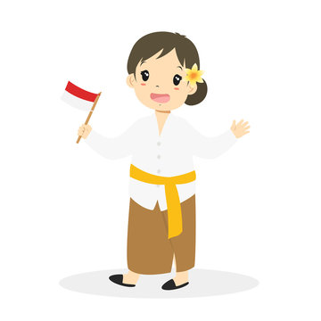 Bali girl wearing traditional dress and holding Indonesian flag cartoon vector 