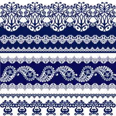 Set of Lace Bohemian Seamless Borders. Stripes with Blue Floral Motif, Paisleys