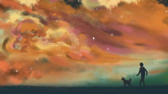 silhouette of the man walking with dog on the colorful sky cloud background. illustration digital painting artwork.