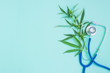 Medical marijuana and stethoscope. Green leaves of cannabis. Empty space for text - obrazy, fototapety, plakaty