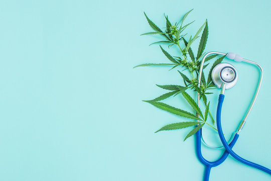 Medical marijuana and stethoscope. Green leaves of cannabis. Empty space for text