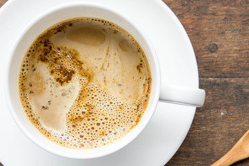 coffee time , instant coffee white cup on wood table , coffee break style on old wood and copy space