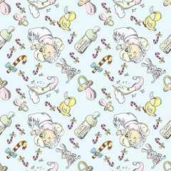 Seamless illustration of a sleeping baby and toys in a dream 1