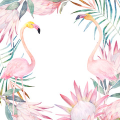 Summer colorful frame with flamingo, palm leaves and flowers. Watercolor hand drawn illustration