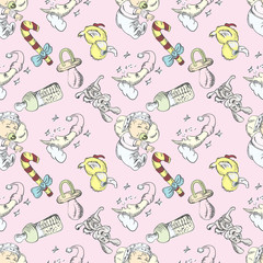 Seamless illustration of a sleeping baby and toys in a dream