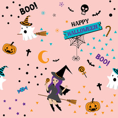 Materiał do szycia Happy Halloween bezszwowe wzorzec projektowania dziewczyna ładna czarownica, mały duchem i dyni na różowym tle pastelowych kolorów.
