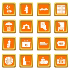 Refugees problem icons set orange