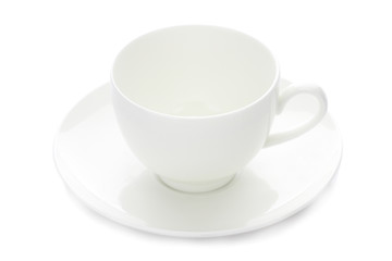 Empty white cup and saucer isolated on white