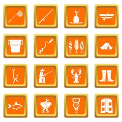 Fishing tools icons set orange