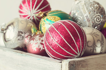 Christmas balls in a wooden vintage box