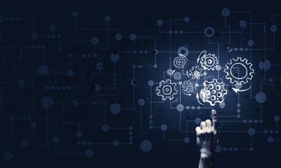 Glowing cogwheel mechanism icon on dark background as symbol of 