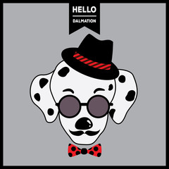 Portrait of dalmatian dog having mustache put on hipster hat and sunglasses with bow tie design for poster.