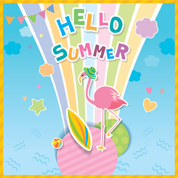 Illustration vector of Hello Summer design with flamingo and rainbow on blue sky background.