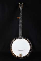 Mahogany banjo luxury gold inlaid with mother of pearl on a black background