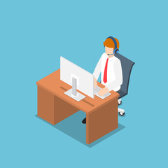 Isometric Business People Working with Headset in a Call Center and Service.