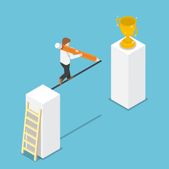 Isometric businessman drawing bridge by pencil leading to the winner trophy.