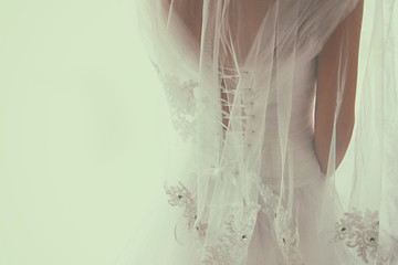 Beautiful bride with wedding dress and veil, from behind.