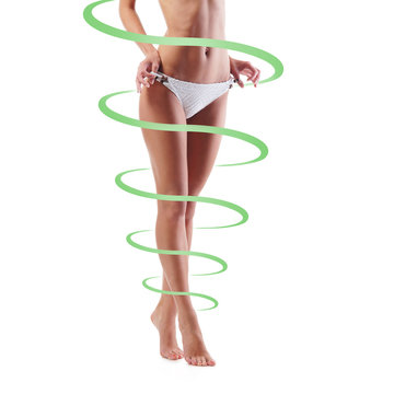Fit and sporty legs. Body of thin and beautiful woman. Weight loss, sports, exercising, healthy food and eating, nutrition concept. Green arrows.