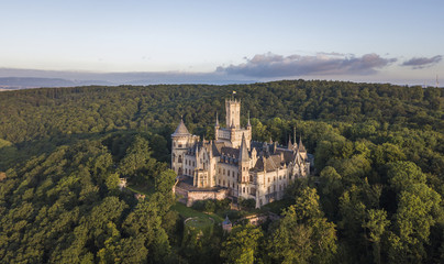 Aerial view of a Gothic revival Marienburg castle in Lower Saxony, Germany - obrazy, fototapety, plakaty