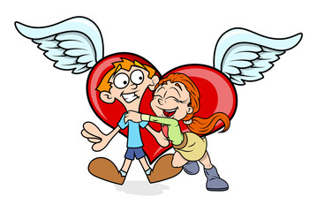 Happy Cartoon Couple with Heart Wings