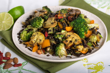 Closeup  shot of healthy Vegan Mix of Broccoli Wild Rice and Lentils dish