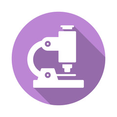 Microscope flat icon. Round colorful button, Research circular vector sign with long shadow effect. Flat style design