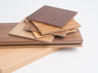 Samples of veneer wood on white background. interior design select material for idea.