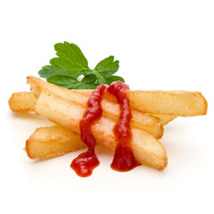 French Fried Potatoes with ketchup isolated on white background