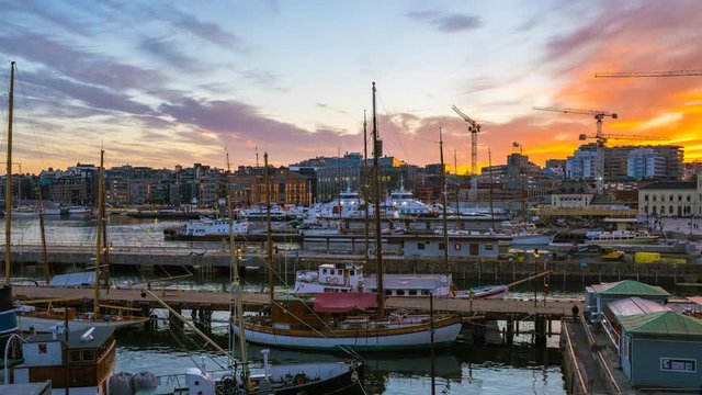 Video time lapse view of yachts in Oslo Harbor, Oslo Fjord at night in Oslo city, Norway, timelapse 4K