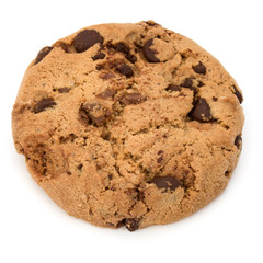 One Chocolate chip cookie isolated on white background. Sweet biscuit. Homemade pastry.