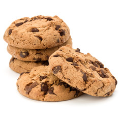 Stacked Chocolate chip cookies isolated on white background. Sweet biscuits. Homemade pastry.