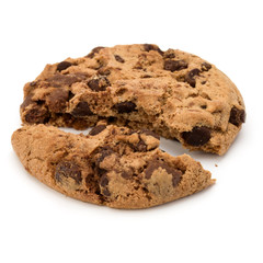 One broken Chocolate chip cookie isolated on white background. Sweet biscuit crumbs. Homemade pastry.