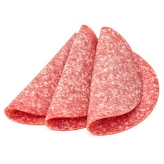 Salami smoked sausage slices isolated on white background