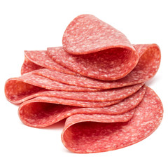Salami smoked sausage slices isolated on white background