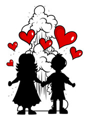 Cartoon Kid Couple Silhouette with Hearts