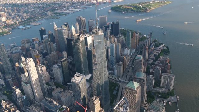 Wide angle aerial shot of New York around 6pm in the summer with magnificent view of city skyscrapers