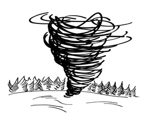 Sketch of twister against forest. Nature disaster. Tornado. Hand drawn illustration.