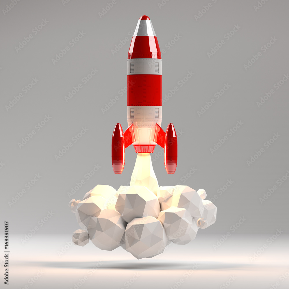 Poster Red and white rocket launching 3D rendering