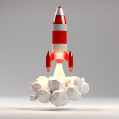 Red and white rocket launching 3D rendering