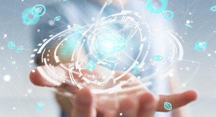 Businessman using flying network connection interface 3D rendering