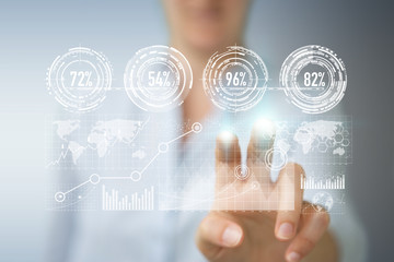Businesswoman using digital screens with holograms datas 3D rendering