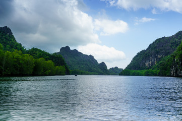 Tree covered hills on the riverside of the Kilim park in Langkawi. This is a popular tourist spot shot on a cloudy afternoon.