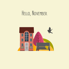 Hello November. Vector illustration. Cute colorful house, garden with autumn tree..