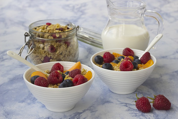 Bowls of  granola  with  fresh fruit on marble table.