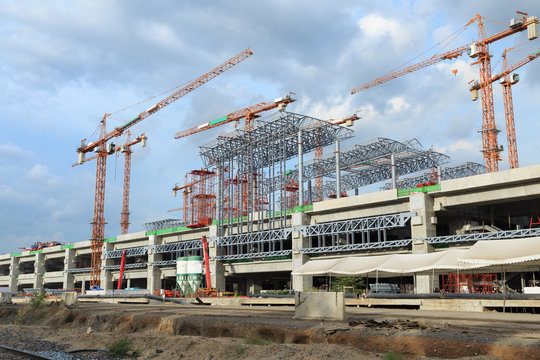 train station construction site, Bangkok, Thailand, erection bridge box girder