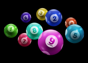 Vector Bingo / Lottery Colorful Number Balls 1 to 9 Set Isolated on Black Background