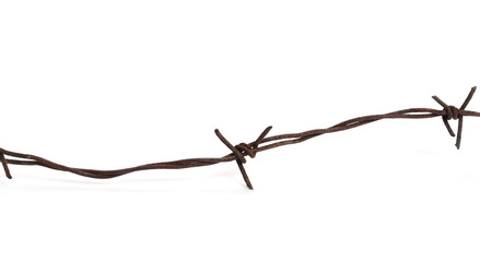Fototapeta premium Old security barbed wire fence isolated on white background