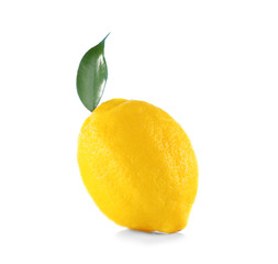 Delicious fresh lemon and leaf on white background